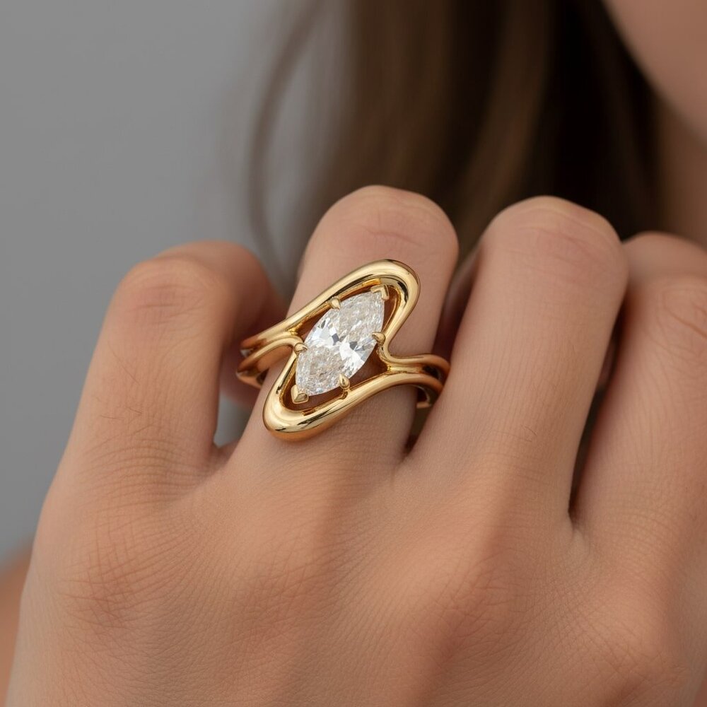 Marquise Flow 18K Yellow Gold Diamond Ring - Picture 2 of 4
